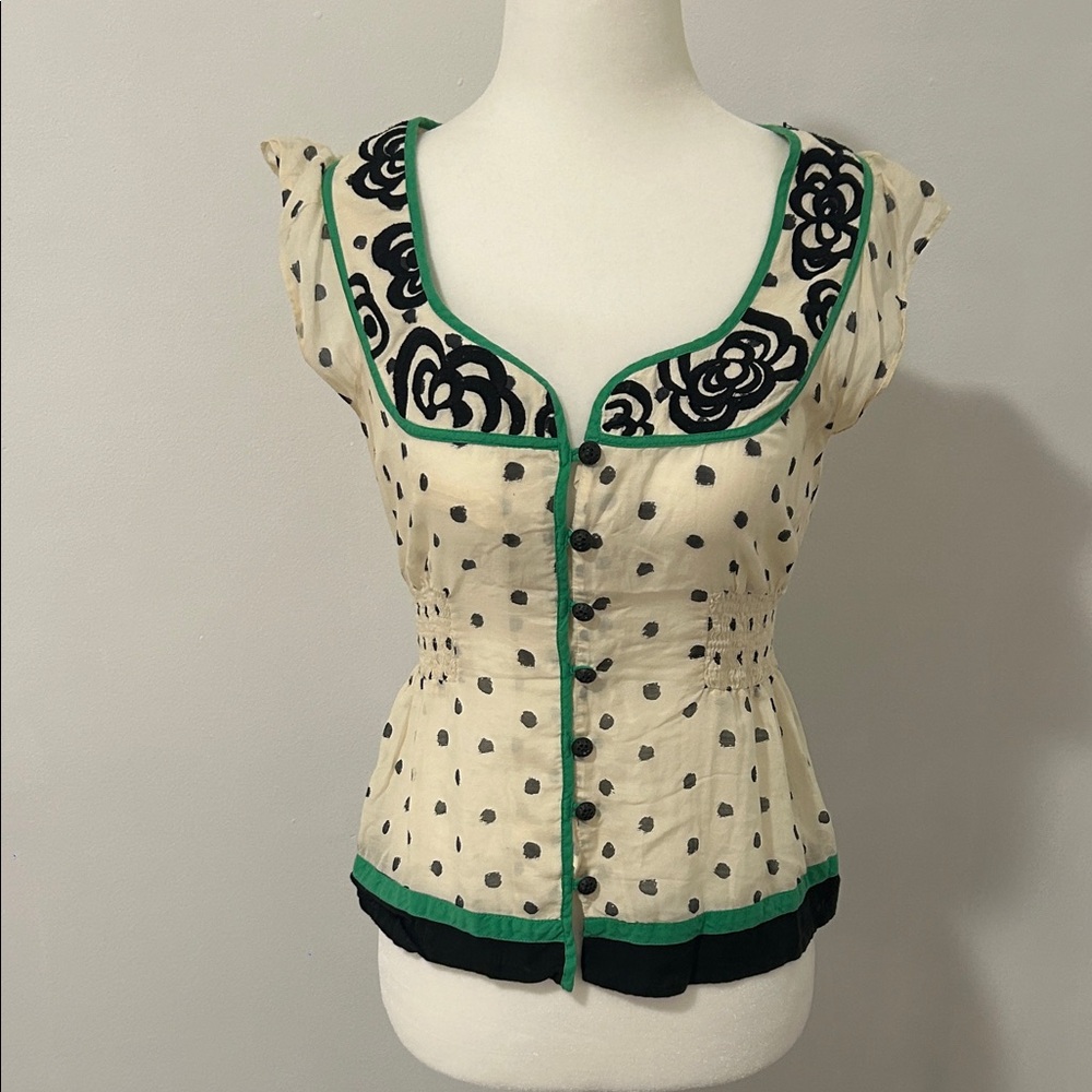 Anthropologie Floral Polka Dot Cap Sleeve Top